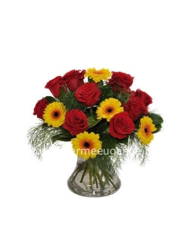 Bouquet di rose rosse e gerbere( la foto non rappresenta l'importo minimo)